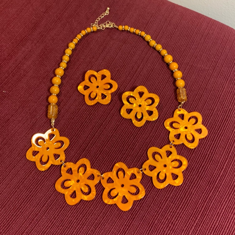 Orange Floral Necklace and Earring Set